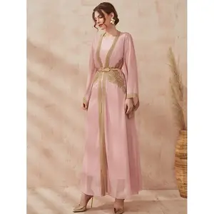 Dua Bagian Leher Kru Renda Arabian Two Piece Set Baju Muçulmano Wanita Mulheres Muçulmanas Vestido Muçulmano