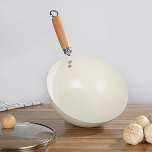 Cerámica blanca martillada a mano estilo chino antiadherente <span class=keywords><strong>Wok</strong></span> mango de madera tapa de vidrio sartén de hierro para estufa de Gas utensilios de cocina - Product Image 4