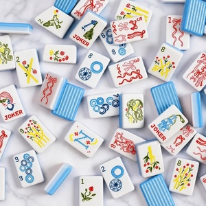 Mahjong américain en acrylique pour femmes, motif ruban, avec petits nœuds bleus frais, tuiles de mahjong de style occidental, mahjong de style américain - Product Image 1