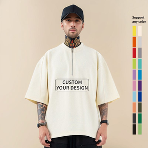 T-shirt Oversize da <span class=keywords><strong>Uomo</strong></span> <span class=keywords><strong>a</strong></span> <span class=keywords><strong>Maniche</strong></span> Corte con Mezza Zip Verde Goffrato di Alta Qualità, Design Personalizzato OEM e Ricamo sulla Zip - Product Image 1