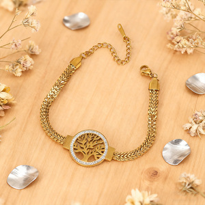 Bracelet pour femme en acier inoxydable plaqué or avec zircone cubique Arbre de Vie, chaîne maille épi réglable, bijou de mode - Product Image 2