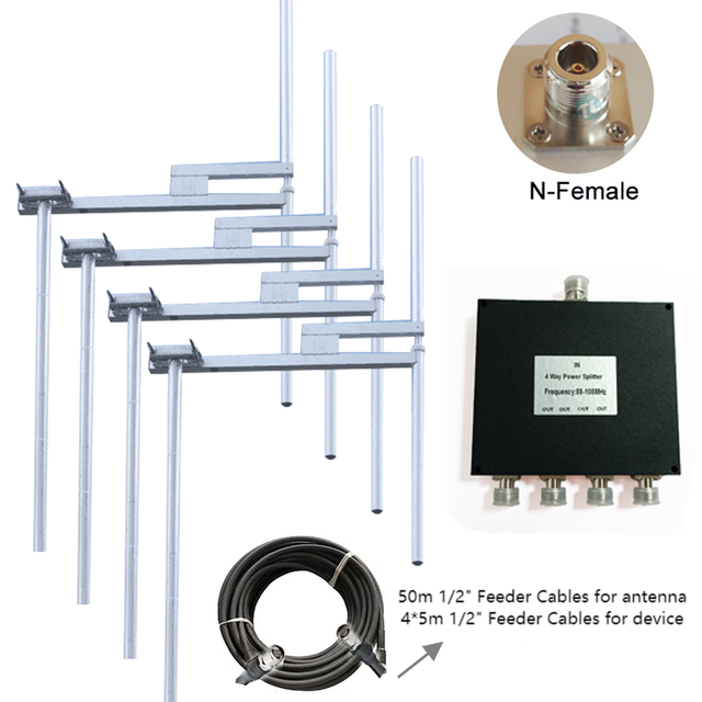 FM 88-108MHz Transmitter Yagi Antenna 4 Dipole/set Antenna with N-Female Connector 1/2 Feeder Cable and 1-4 Ways Power Splitter