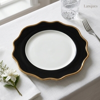 Ensemble d'assiettes à dîner en céramique noires de luxe avec bordure dorée pour mariage, hôtel, restaurant occidental, décoration de table à domicile, vente en gros