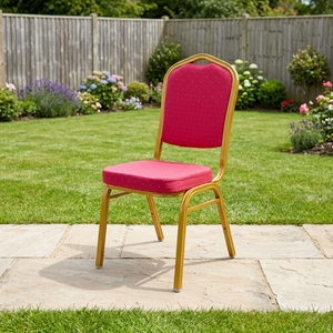 Chaise d'hôtel avec structure en métal plaqué or, revêtement en tissu à motifs résistant aux taches, dossier ergonomique incurvé, design empilable - Product Image 2