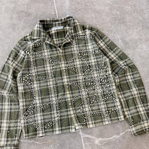 Thick Turn Down Neck Heavyweight Rhinestone Cut and Sew Crystal Streetwear <strong>Green</strong> Custom Cargo Pocket Windproof <strong>Denim</strong> <strong>Jacket</strong> - Product Image 5