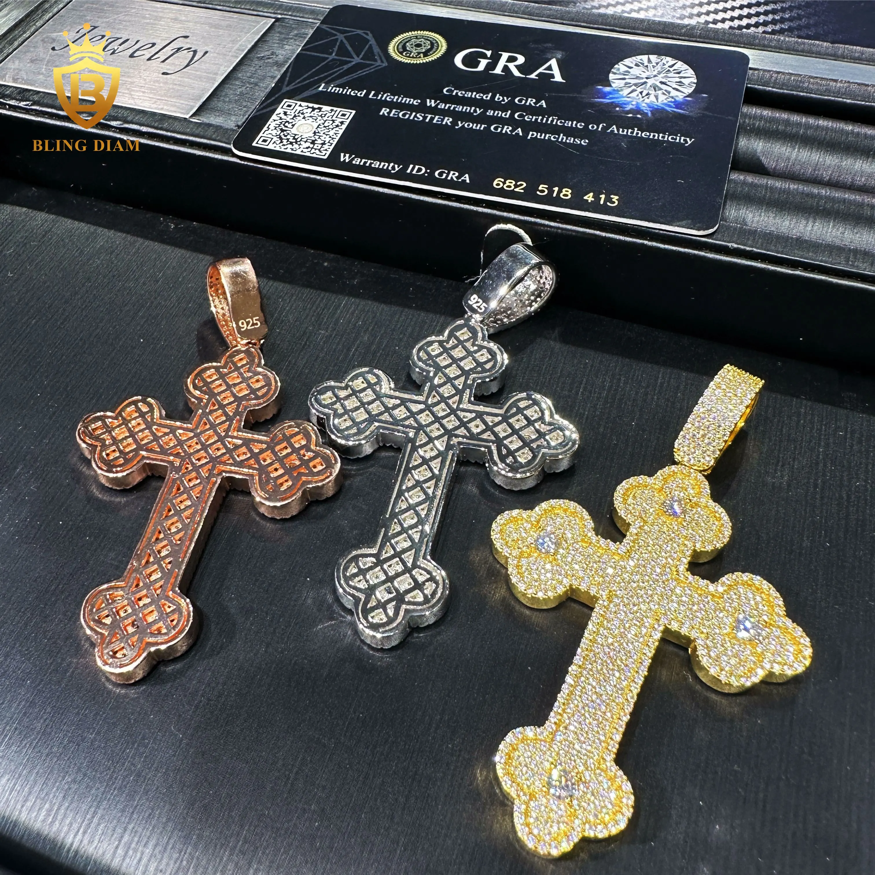 Blingdiam Jewelry Moissanite Custom Pendant Hip Hop VVS Diamond Cross Pendant 925 Sterling Silver Charm Necklace