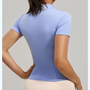 Haut de yoga pour femme à col montant et fermeture éclair intégrale, manches courtes, coupe ajustée, doux et extensible, pour l'entraînement et le sport, grandes tailles - Product Image 2