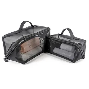 New Design Zip Around Cosmetics Travel Bag See-through Mesh Net Light Weight Lay-flat Makeup Bag in Big and Small Size