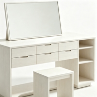 Ensemble coiffeuse moderne et écologique avec miroir inclinable, 4 tiroirs et étagère de rangement à panneaux, tabouret de coiffeuse pour chambre à coucher