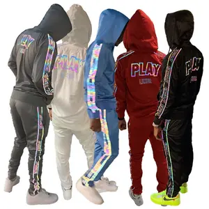 2024 Men's High Quality Custom Track Suits Reflective Zip Up Polyester Jogger 2 Piece Slim Fit Streetwear Tracksuit Set