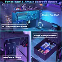 Bureau de jeu multifonctionnel 7-en-1 en fibre de carbone esthétique en forme de L avec écran LED, rangement et panneau perforé DIY pour le bureau, la maison et le gaming