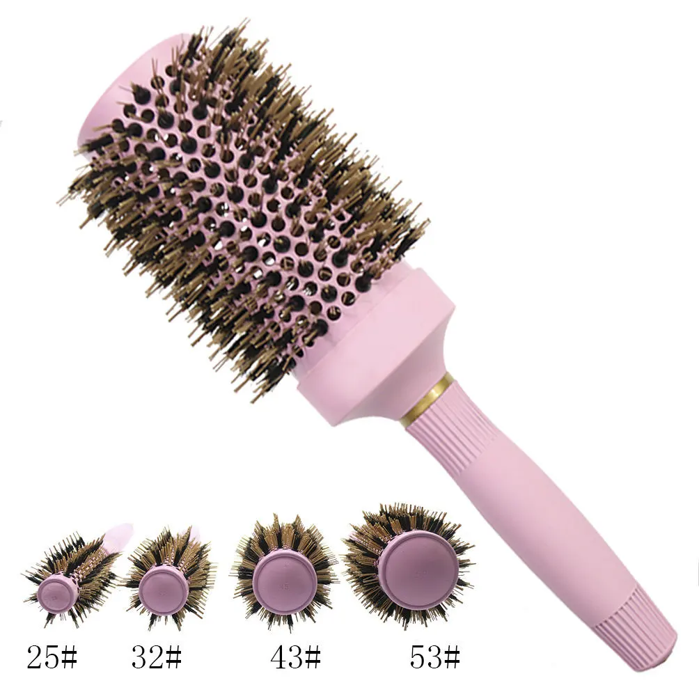 Custom Logo Pink Round Ceramic Hair Brush Nylon Boar Boat bristle Roller Styling round brush for hair professional