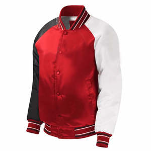 Bombardero universitario rojo, negro y blanco con puños a rayas, ropa de abrigo estilo béisbol, ropa de calle retro clásica, moda atlética con botones - Product Image 1