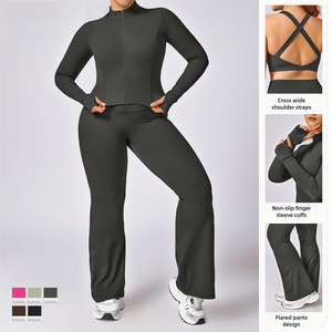 Completo Sportivo da Donna Taglie Forti a Vita Alta, Set da Palestra 2 Pezzi con Maniche a Tre Quarti, Abbigliamento Fitness Tinta Unita - Product Image 3