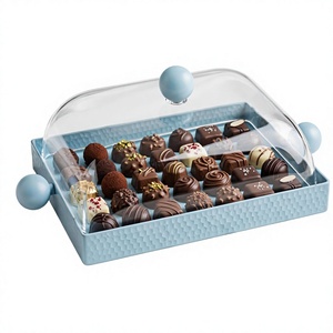 Hot Sale Light Blue Rectangular Hammered Metal Serving <b>Tray</b> Clear <b>Glass</b> Dome Cover Acrylic Cloche Dessert Platter Handles - Product Image 1