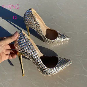 Sexy Brand Classic Women's Shoes Weave Gold High-heels Pu Office Shoes Ladies Sandals Stiletto High Heels 45