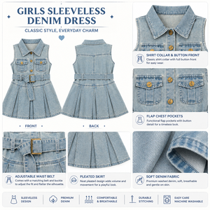Abito Estivo in Denim per <span class=keywords><strong>Bambina</strong></span> 2026, Senza Maniche, Colletto Polo, con Cintura in Vita, Vestito in <span class=keywords><strong>Jeans</strong></span> a Trapezio, Abbigliamento Casual Vintage per Bambini, Stile Boutique - Product Image 4