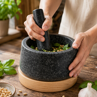 Ensemble mortier et pilon en granit avec base en bois de chêne et pilon extra large pour les épices et le guacamole