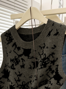 Gilet en tricot pour femme, motif abstrait encre éclaboussée, col rond, sans manches, coupe ample, collection automne, vente en gros, OEM ODM - Product Image 5