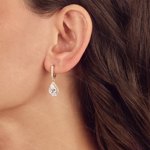 Pendientes colgantes Huggie con cierre inglés de <span class=keywords><strong>Plata</strong></span> de Ley 925 con diseño de gota de lágrima chapado en oro de 14K, joyería fina para mujer - Product Image 2