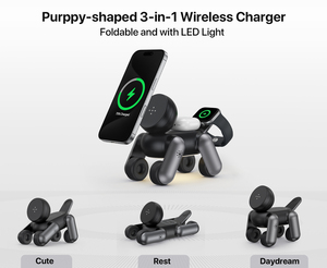 Produit <span class=keywords><strong>Tendance</strong></span> 2026 Cadeaux Numériques Chargeur Sans Fil Pliable Multifonctionnel 15W <span class=keywords><strong>3</strong></span>-en-1 avec Lumière Forme Chien Robot Magnétique D6 - Product Image 1