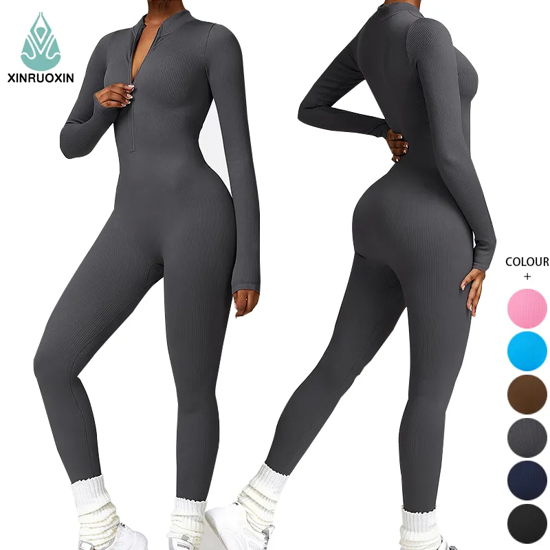 Bán buôn thiết kế mới tập thể dục Yoga tập thể dục mặc áo liền quần cho phụ nữ dây kéo dài tay áo liền mạch một mảnh Jumpsuit