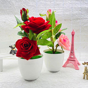 Bonsaï de rose artificielle Qi Xing 26 cm, fleur en soie hautement réaliste, plante en pot pour la décoration de la maison et des mariages - Product Image 2