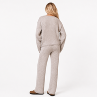 Ensemble de tricots pour femmes avec logo personnalisé, tricot fin, manches longues, col rond, jambes larges, couleur unie, décontracté, hiver, polyester, usine OEM et ODM