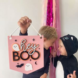 Halloween Hey Boo Home Decor Pink Ghost Bat Cute Wall Hanger <b>Door</b> Sign - Product Image 2