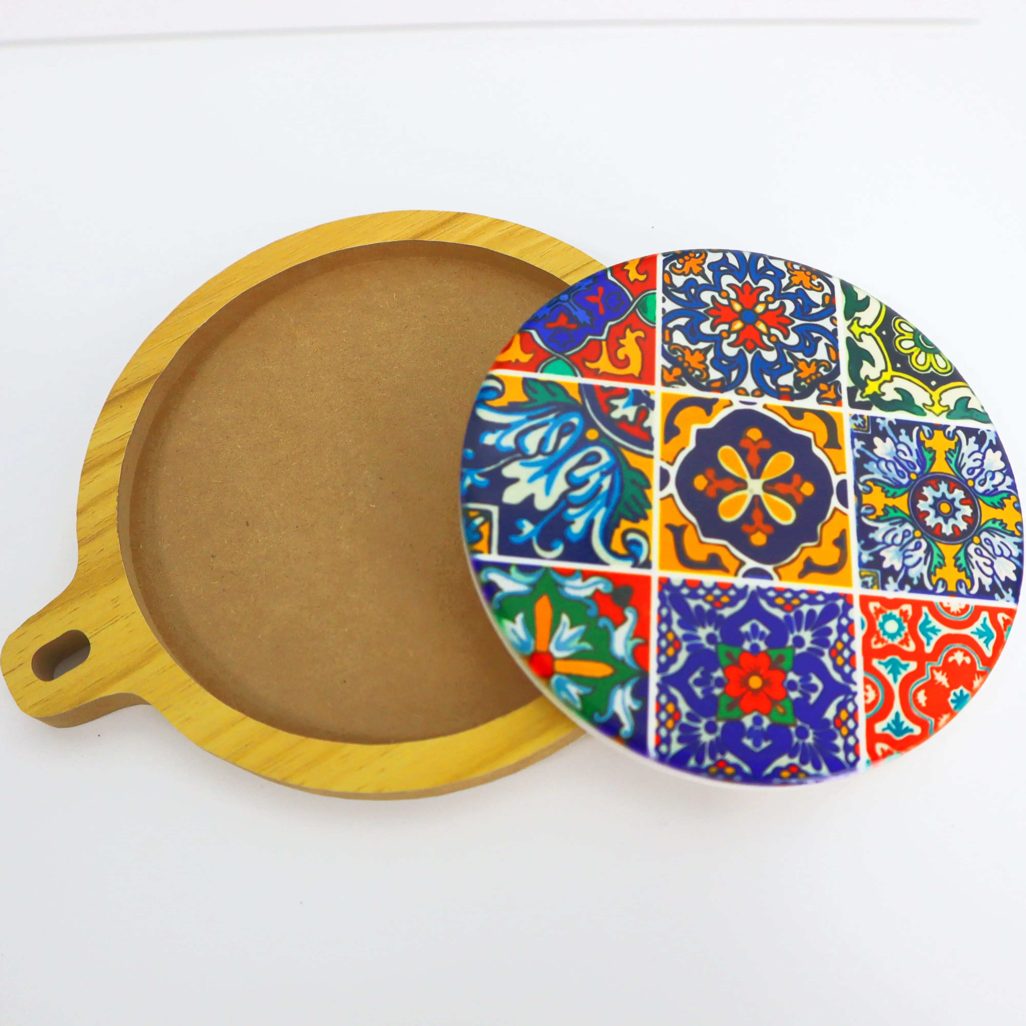 Novo produto porta-copos de cerâmica com estampa personalizada porta-copos redondos de mdf para xícara de chá