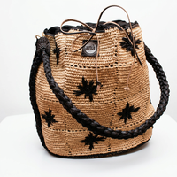 Sac à bandoulière en crochet Aana, broderie étoile noire, style bohème, cordon de serrage, poignée unique, coton, pour tous les jours, été, automne, printemps