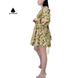 Fabricant de robes sur mesure, jupe en coton et lin élastique pour femmes, robe d'été à manches bouffantes, robe élégante verte décontractée pour femmes - Product Image 3