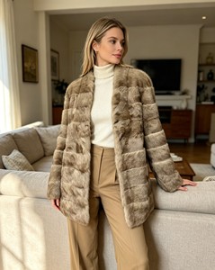 Nouvelle Arrivée Manteau Décontracté pour Femme Ice Fox en Véritable Fourrure de Lapin Entière Cousue, Col en V, Bouton Unique, Hiver Luxe - Product Image 1
