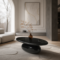 Table basse ovale en métal noir brillant à motif floral artistique moderne avec options de couleur et de taille personnalisées
