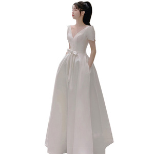 White Satin V-Neck A-Line Wedding Dress With Drawstring Pocket Natural Waistline Off-White And Wine Red X030 - Product Image 5