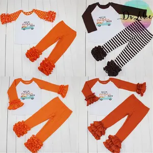 Conjuntos de roupas infantis da moda para meninas com babado padrão personalizado 100% algodão roupas infantis de Ação de Graças