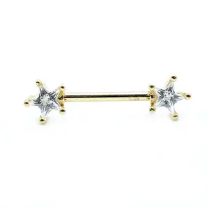 Puting Stainless Steel Barbel Cincin dengan Jelas Bintang CZ Puting Piercing Perhiasan
