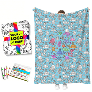 Couverture à colorier pour enfants XMW DIY Ocean Animal, couverture en polaire lavable à personnaliser avec des marqueurs textiles, cadeau artistique éducatif - Product Image 1