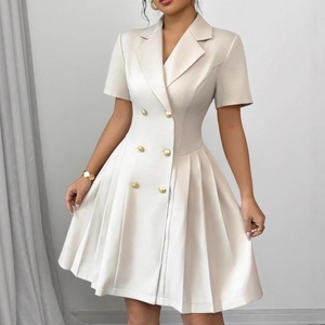 เดรสแฟชั่นผู้หญิงคอลเลคชั่นใหม่รับซัมเมอร์ สีพื้น แขนสั้น กระชับเอว ติดกระดุมสองแถว - Product Image 3