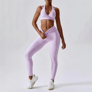 Ensemble de <span class=keywords><strong>sport</strong></span> pour femme avec logo personnalisé, comprenant un soutien-gorge de <span class=keywords><strong>sport</strong></span> dos croisé et un legging long de fitness et yoga - Product Image 5