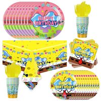 Assiettes en papier personnalisées OEM éponge jaune thème cartoon fournitures de fête d'anniversaire vaisselle ensembles d'assiettes jetables pour fête de bébé