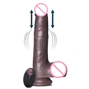 棕色推力液体硅胶人工振动阴茎女性自慰性振动器伸缩假阳具