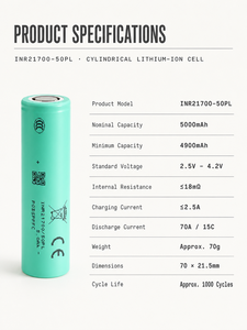 แบตเตอรี่ INR21700 50PL 5000mAh 3.7V แบบ Full Tab Cell 70A ค่ากระแสปล่อยสูง ความต้านทานภายในต่ำ เกรด A - Product Image 2