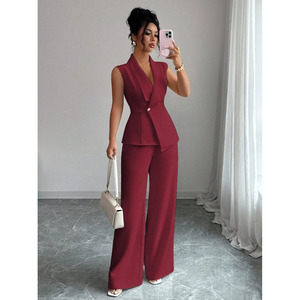 Costume pour femme élégant style occidental transfrontalier Printemps/Été 2026 : <span class=keywords><strong>Blazer</strong></span> sans manches et pantalon droit - Product Image 1