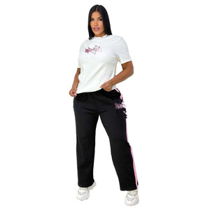 Conjunto Deportivo Informal para Mujer, Manga Corta, Pantalones Largos, Estampado, Poliéster y Algodón, Cuello Redondo, Dos Piezas - Product Image 2