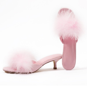 Moda nuovo Design punta rotonda estate rosa piuma ciabatte Mules <span class=keywords><strong>tacchi</strong></span> da gattino Slip on sandali donna <span class=keywords><strong>tacchi</strong></span> - Product Image 5