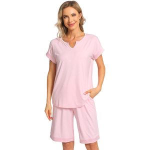 Ensemble de pyjama 2 pièces en viscose de bambou personnalisé pour femme, chemise à manches courtes et short bermuda doux, vêtements de nuit et de détente, vente en gros - Product Image 1