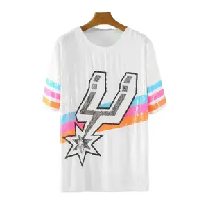 Hot selling basketball style sequin Spurs fashion casual loose sequin long short sleeve T-shirt for women