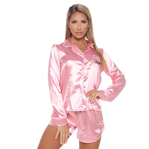 Set <span class=keywords><strong>Pigiama</strong></span> Donna Personalizzato in Vari Stili, <span class=keywords><strong>Maniche</strong></span> Lunghe e Pantaloncini in Raso, Completo Due Pezzi per Dormire - Product Image 3