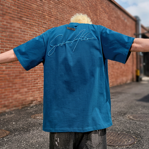 T-shirt Homme Oversize Bleu Brodé au Dos Manches Courtes Col Rond Style Urbain Coton Jersey Coupe Classique - Product Image 1